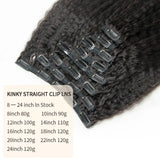 Kinky Straight Clip-in Human Hair Extensions - Remy, Full Head, 8-24 inch, 1B Color